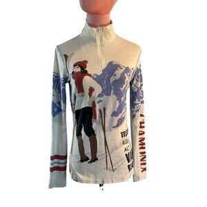 NEVE Apres Ski Base Layer 1/4 Zip Top Graphic Silk Wool L/S Chamonix France S XS